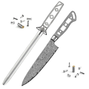 AUS-10 Damascus 8-in Gyuto Chef Knife Blank + Honing Steel [No Logo]
